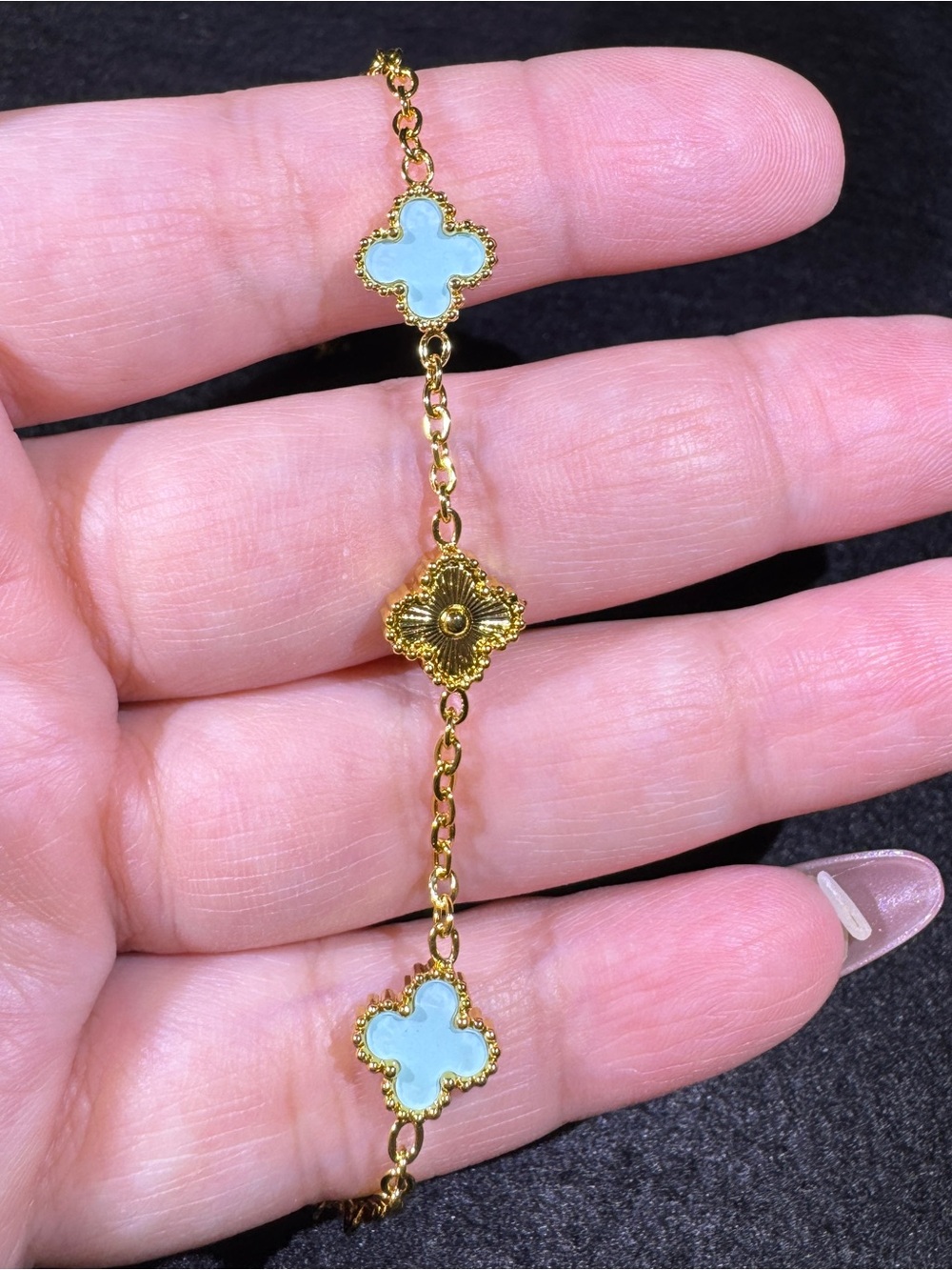 Gold  Light Blue Clover Charm Adjustable Bracelet